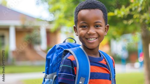 A young African American boy smiles brightly, looking directly at the camera, as he stands outdoors with his backpack. This image represents education, optimism, and the joy of learning.