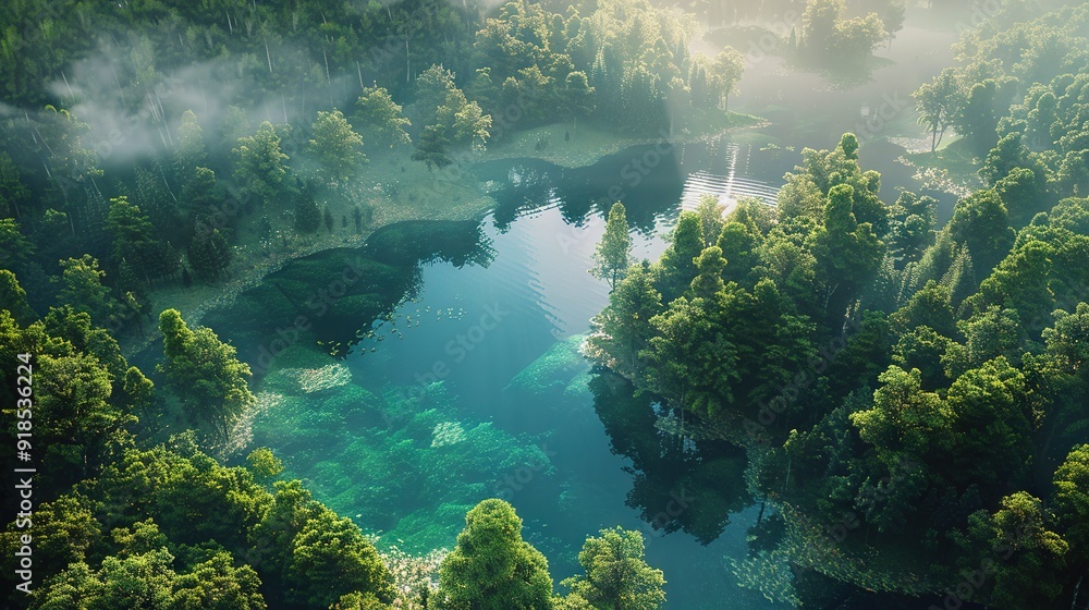 Aerial view of a lake in a forest fog Aerial view of a lake in a forest fog