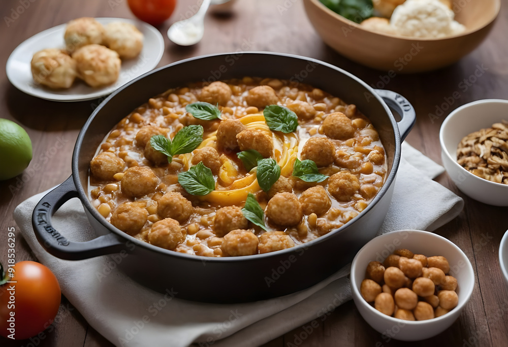 Steaming chickpea stew with vegan meatballs and noodles on wooden table Steaming chickpea stew with vegan meatballs and noodles on wooden table