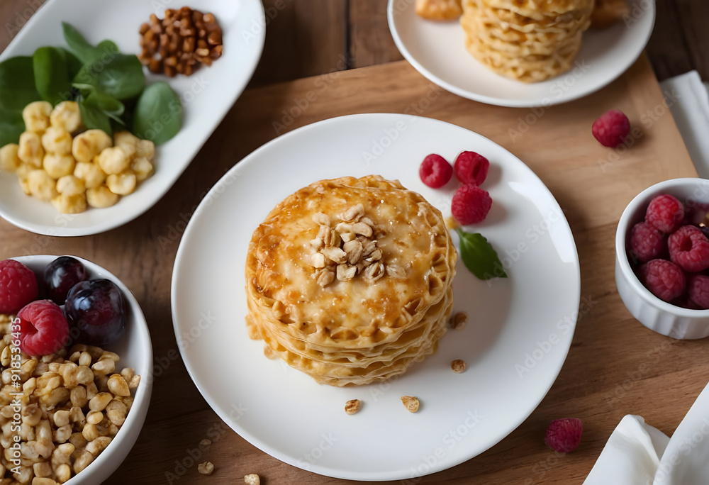 Delicious waffles with honey, raspberries and nuts for breakfast on wooden table Delicious waffles with honey, raspberries and nuts for breakfast on wooden table