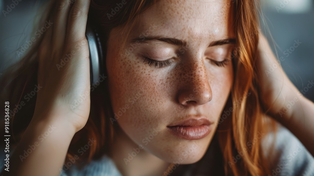 A young woman with red hair wears headphones and listens to music, her eyes closed in a relaxed and calm state. The image symbolizes peace, tranquility, escape, self-care, and music appreciation. A young woman with red hair wears headphones and listens to music, her eyes closed in a relaxed and calm state. The image symbolizes peace, tranquility, escape, self-care, and music appreciation.