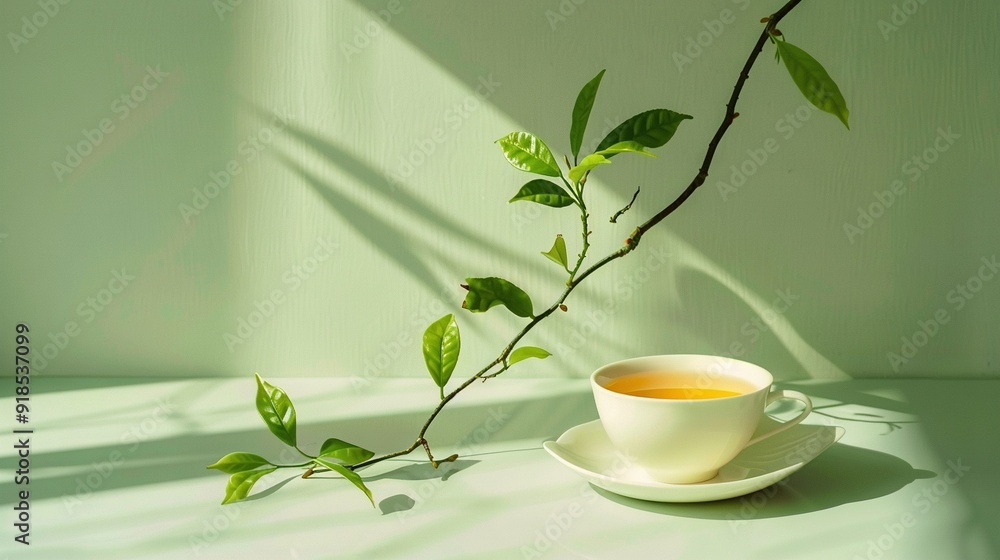 Teacup with leafy twig on table Teacup with leafy twig on table