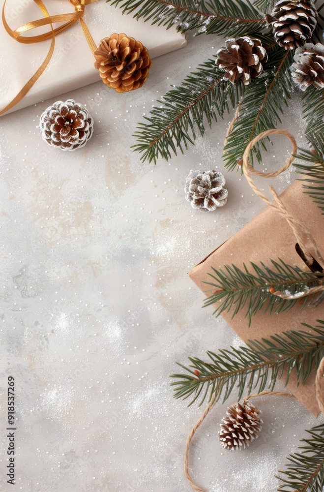 Festive Gift Bag Decorated With Pinecones and Twine on Cozy Knit Blanket Festive Gift Bag Decorated With Pinecones and Twine on Cozy Knit Blanket