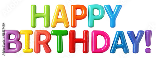 Colorful happy birthday text with vibrant balloon letters isolated on transparent background