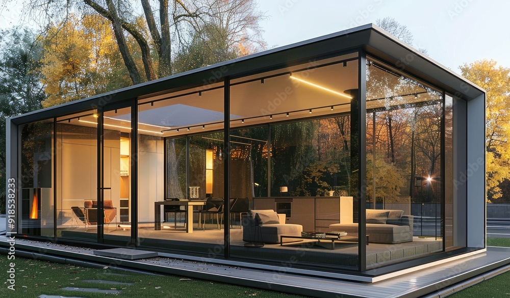 Modern Prefab Tiny Home with Glass Walls and Cozy Interior. Prefabricated Home Concept Modern Prefab Tiny Home with Glass Walls and Cozy Interior. Prefabricated Home Concept