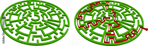 Green isometric simple garden maze. 3d round labyrinth in perspective lying on the white background. Vector illustration. Light difficulty. Modern geometric concept logo or icon