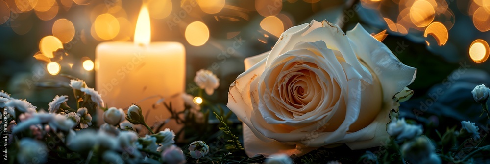 Obraz premium A candle is lit next to a white rose. The candle is surrounded by snow and the rose is in the foreground. Concept of warmth and comfort, as the candle and rose are both symbols of love and affection