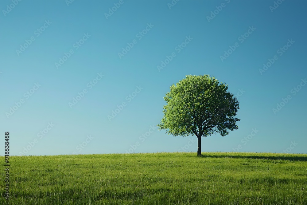 Obraz premium Lone green tree standing vibrant against a clear blue sky.