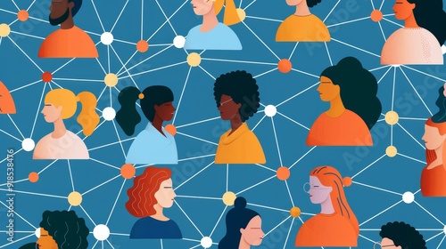 This illustration shows a diverse group of people connected by a network, symbolizing communication, collaboration, social connections, and community building.