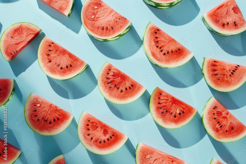 Pattern of fresh watermelon slices on blue background Pattern of fresh watermelon slices on blue background