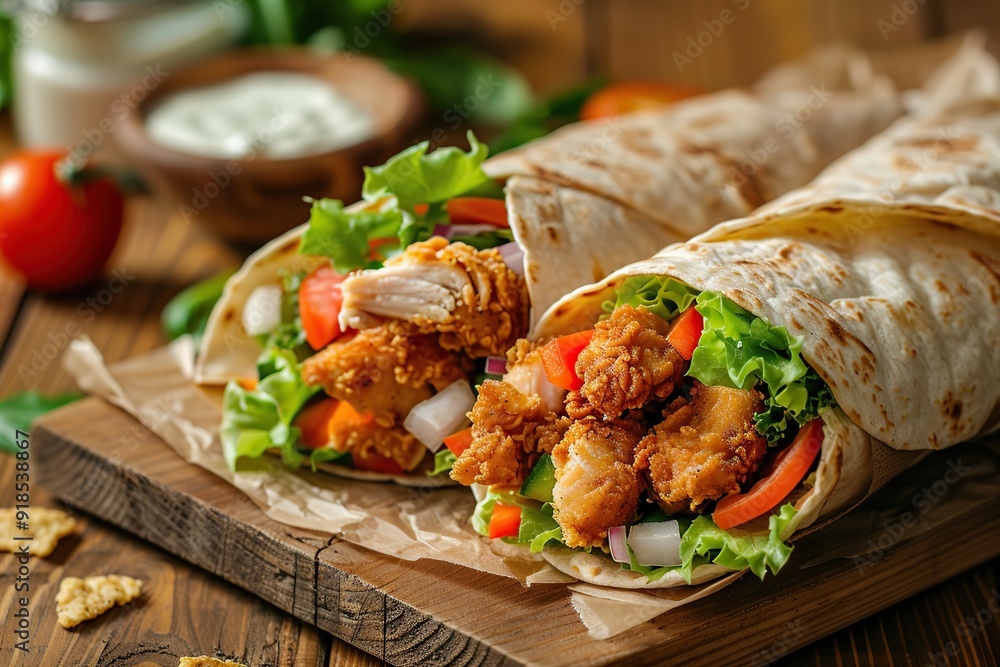 Tortilla wrap with chicken and fresh vegetables on wooden table Tortilla wrap with chicken and fresh vegetables on wooden table