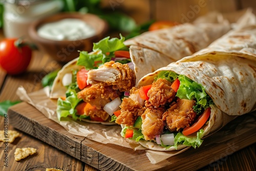 Tortilla wrap with chicken and fresh vegetables on wooden table