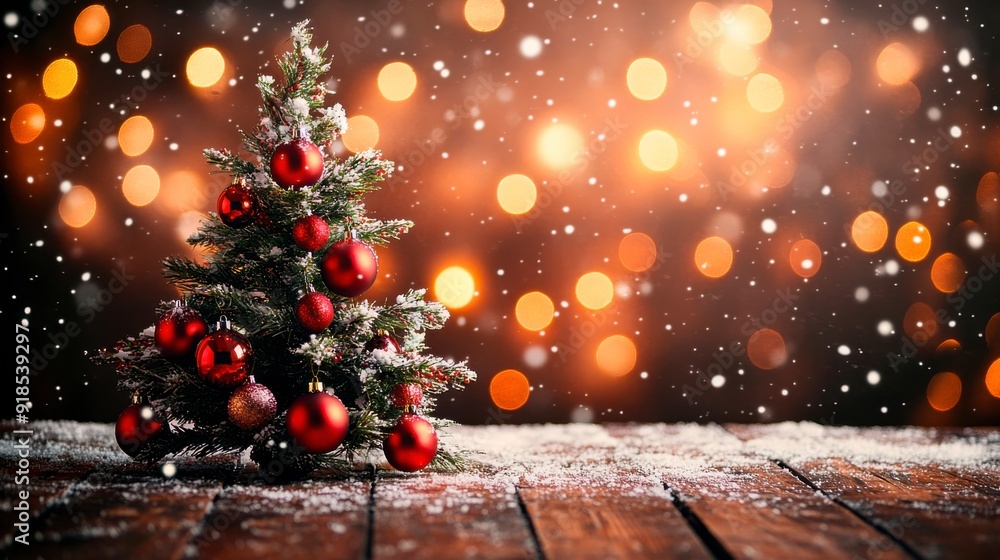 Christmas tree with red toys and snow on a wooden table, against a background of lights and snowflakes Christmas tree with red toys and snow on a wooden table, against a background of lights and snowflakes
