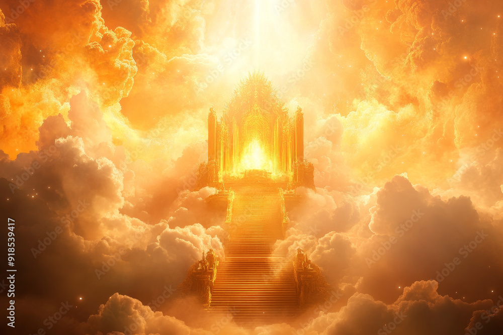 Obraz premium The golden throne in the clouds, with stairs leading to it and light shining down on them