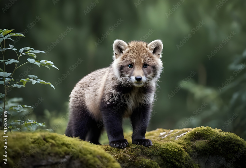 Fototapeta premium Adorable raccoon dog cub standing on mossy rock in forest