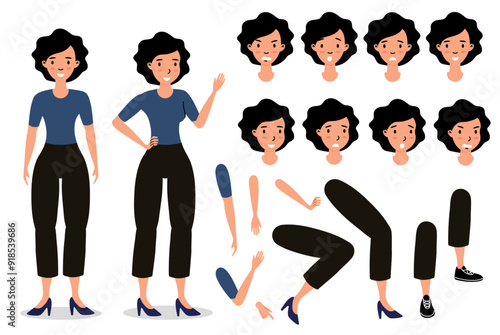 Cartoon female character design featuring various poses, expressions