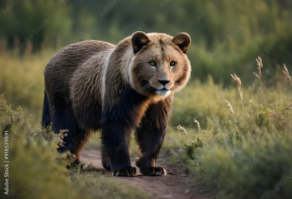 Fototapeta premium Powerful lion bear hybrid walking on a path