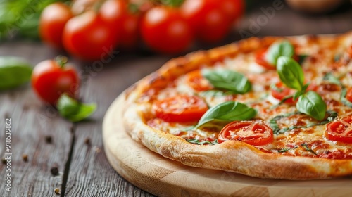 Fresh Margherita Pizza With Basil and Cherry Tomatoes on Wooden Table in Cozy Kitchen