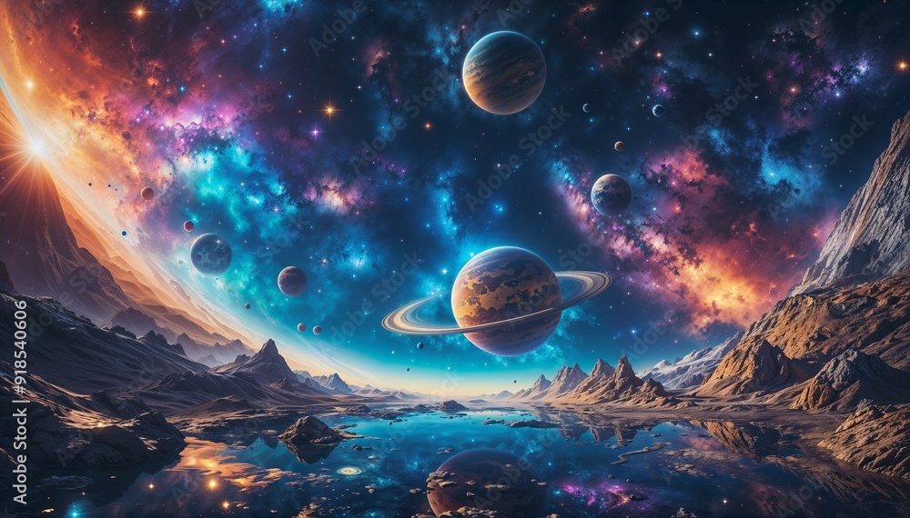 A whimsical space scene featuring floating planets, colorful stars, and imaginative cosmic elements. A whimsical space scene featuring floating planets, colorful stars, and imaginative cosmic elements.