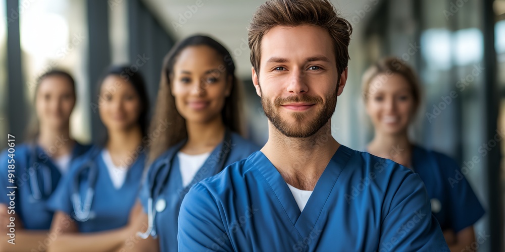 A group of medical professionals are smiling for the camera. The man in the center is wearing a blue scrubs and has a beard A group of medical professionals are smiling for the camera. The man in the center is wearing a blue scrubs and has a beard