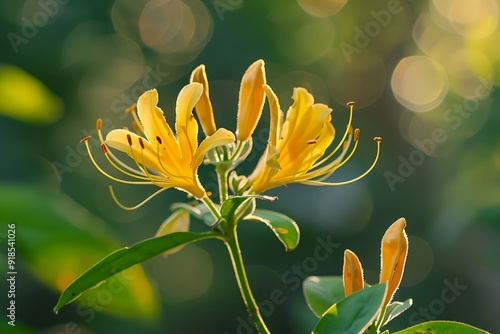 A yellow flower with green leaves is in the foreground. The flower is surrounded by green leaves and is the main focus of the image photo