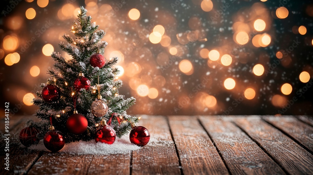 Christmas tree with red toys and snow on a wooden table, against a background of lights and snowflakes Christmas tree with red toys and snow on a wooden table, against a background of lights and snowflakes