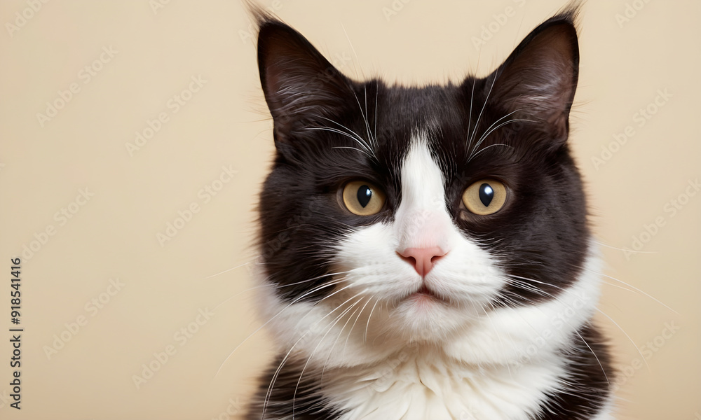 Black and white cat with yellow eyes posing on beige background Black and white cat with yellow eyes posing on beige background