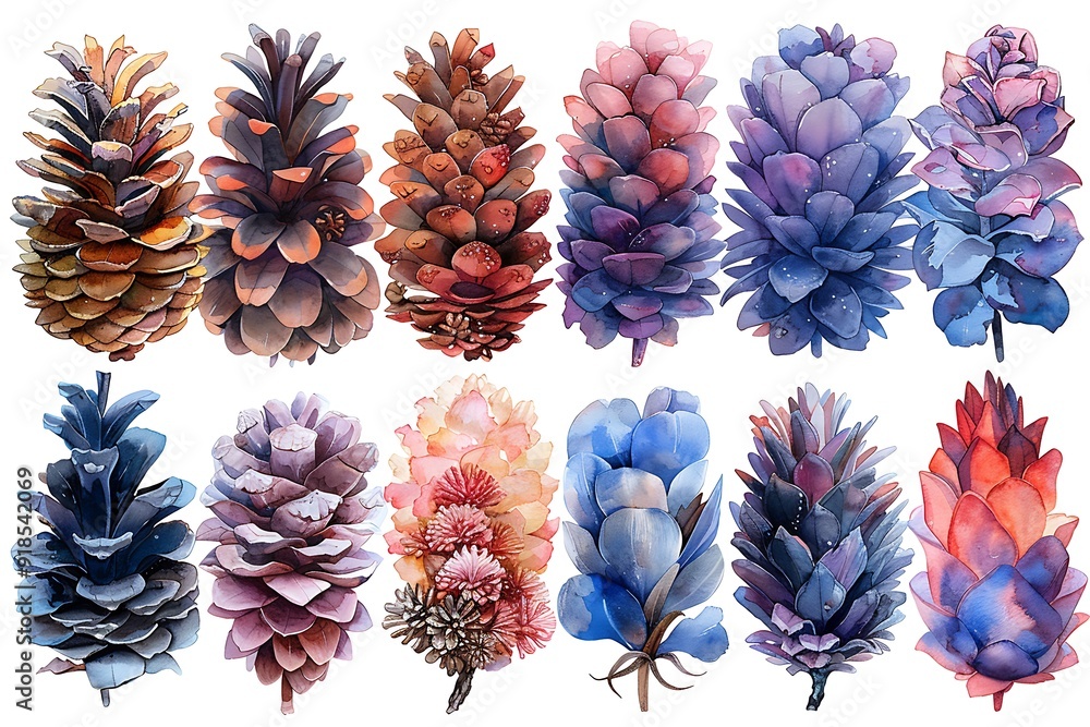 Fototapeta premium Watercolor illustration of charming pastel decorated pine cones on white background