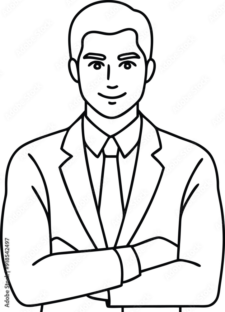 Confident Businessman in Suit with Arms Crossed Line Art Confident Businessman in Suit with Arms Crossed Line Art