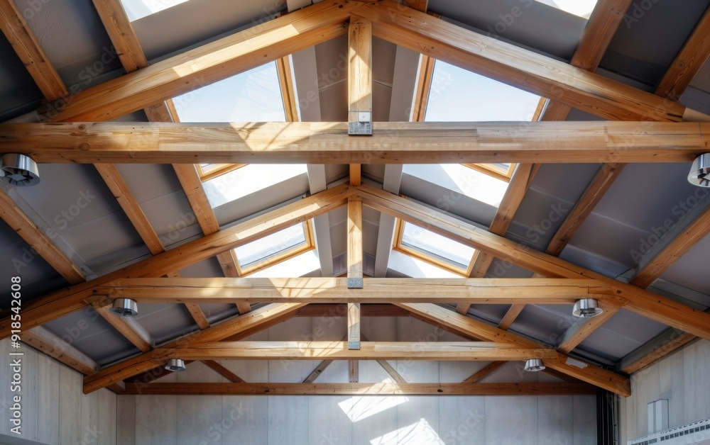 The wooden beams of the roof are visible from the ground. The roof is made of wood and has a slanted design The wooden beams of the roof are visible from the ground. The roof is made of wood and has a slanted design