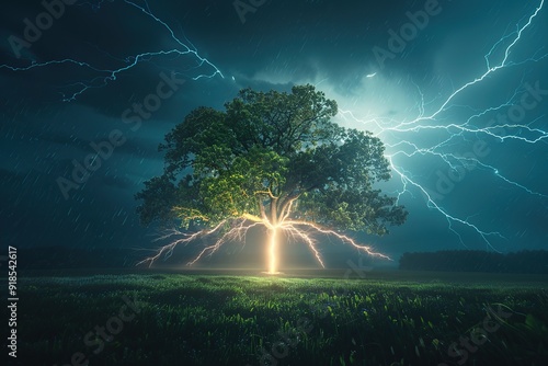 Bright lightning hitting the tree on green meadow photo