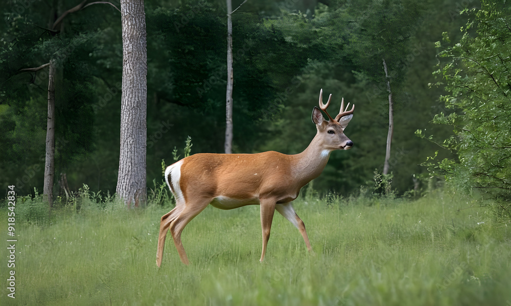 White-tailed deer buck walking through summer forest White-tailed deer buck walking through summer forest