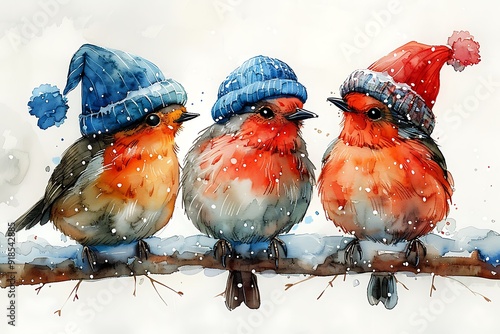 Three charming birds in Christmas hats perched on a snowy branch.