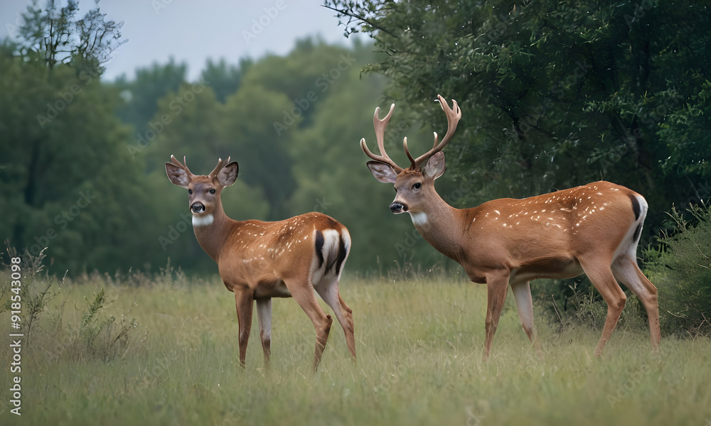 Fototapeta premium Two white-tailed deers standing in grass field