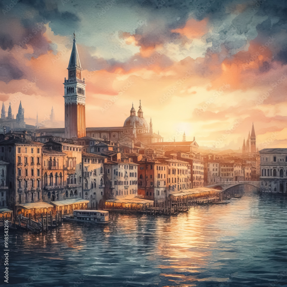 Naklejka premium beautiful old city, watercolor painting