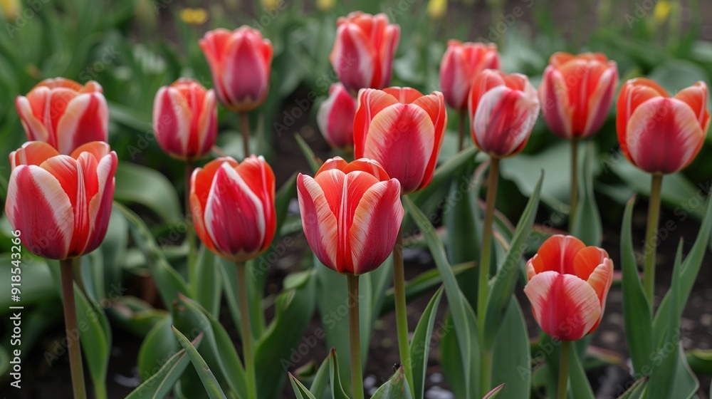 Field of Red & White Tulips with Green Leaves & Yellow Flowers Field of Red & White Tulips with Green Leaves & Yellow Flowers