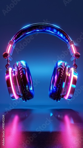 DJ headphones with neon lights floating in the air. Clubbing vibe, vibrant colors with blue background. photo