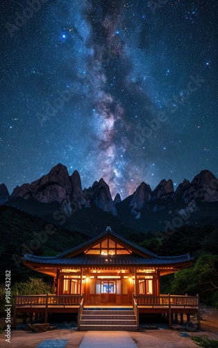 A small house with a porch is lit up at night. The sky is filled with stars and a large cloud of milk is floating above the house