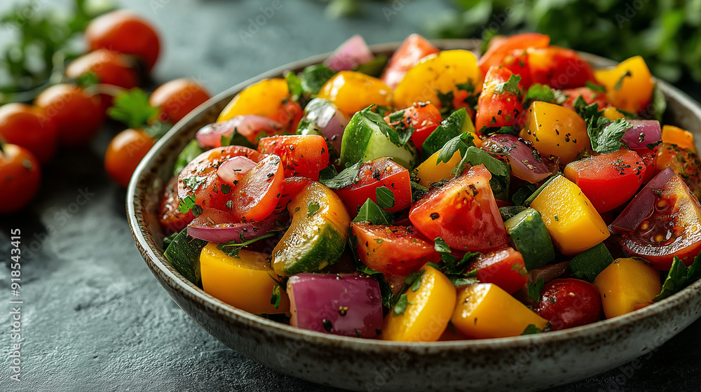 A bowl of colorful, seasonal salad, artfully presented with a variety of vegetables, shot from a telephoto angle that captures the textures and colors, with copy space A bowl of colorful, seasonal salad, artfully presented with a variety of vegetables, shot from a telephoto angle that captures the textures and colors, with copy space
