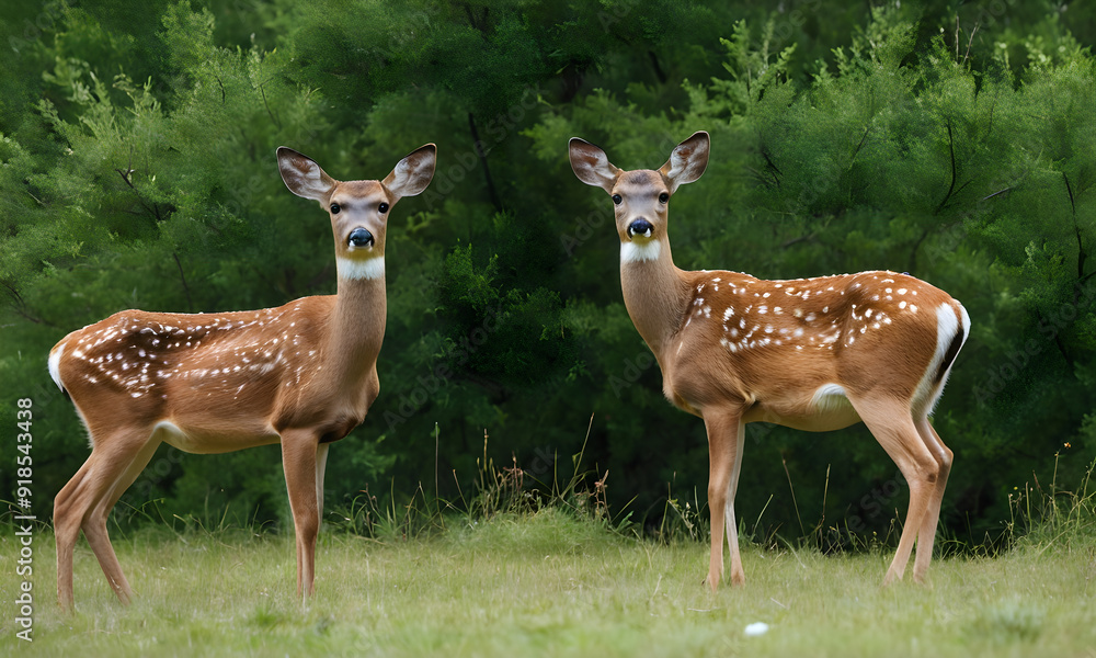 Two young white-tailed fawns standing at the edge of the forest Two young white-tailed fawns standing at the edge of the forest