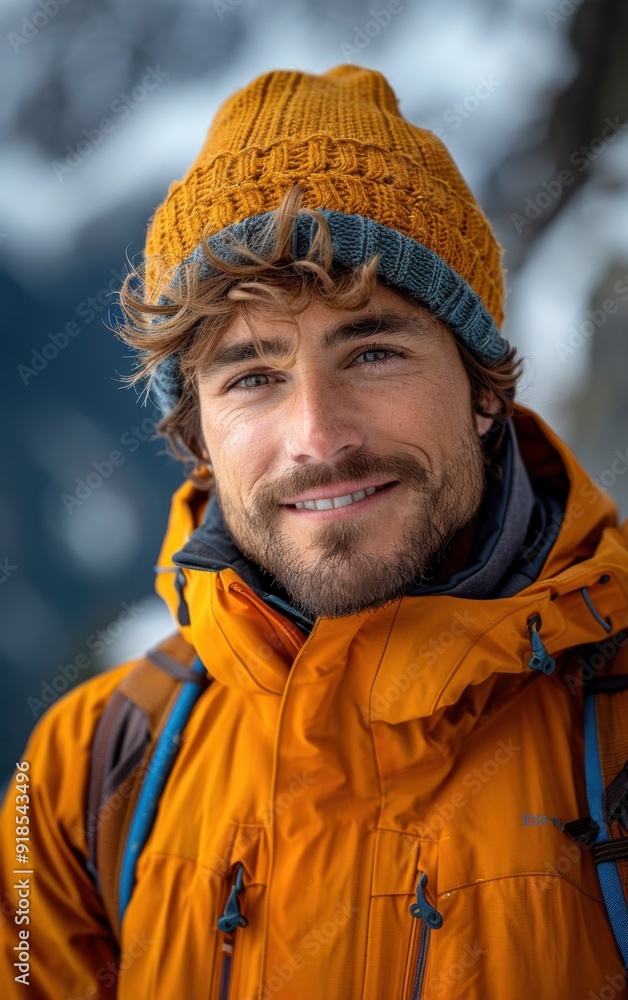 A man wearing a yellow hat and orange jacket is smiling. He is wearing a backpack and he is enjoying the outdoors A man wearing a yellow hat and orange jacket is smiling. He is wearing a backpack and he is enjoying the outdoors