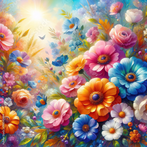 colorful beautiful flowers painted with oil paints. bright summer background