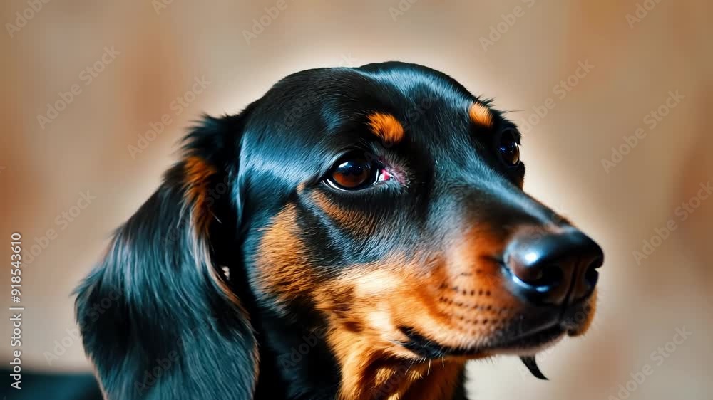 A charming black and tan dachshund comfortably rests in a cozy indoor setting during the evening hours. A charming black and tan dachshund comfortably rests in a cozy indoor setting during the evening hours.