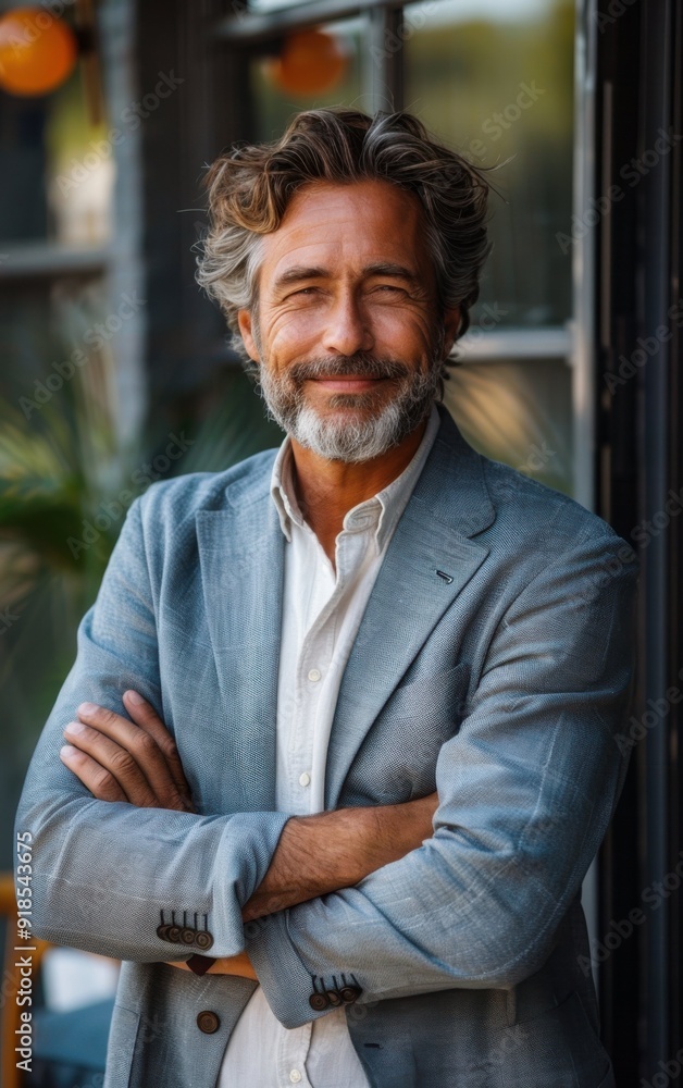 Fototapeta premium A man with a beard and gray hair is wearing a blue jacket and white shirt. He is smiling and looking at the camera