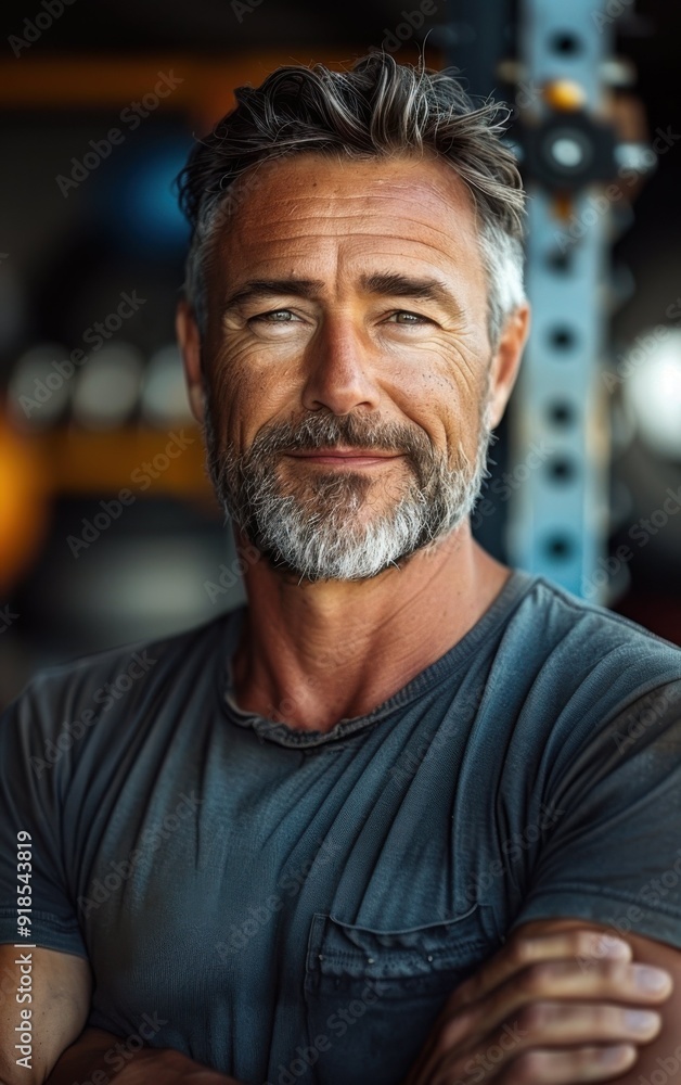 A man with a beard and gray hair is smiling for the camera. He is wearing a gray shirt and has his arms crossed A man with a beard and gray hair is smiling for the camera. He is wearing a gray shirt and has his arms crossed