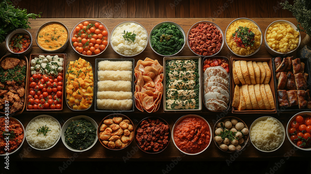 A beautiful arrangement of world cuisines on a large table, each dish representing a different country, promoting unity and diversity through food, with copy space A beautiful arrangement of world cuisines on a large table, each dish representing a different country, promoting unity and diversity through food, with copy space