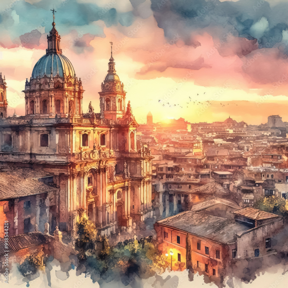 Fototapeta premium beautiful old city, watercolor painting