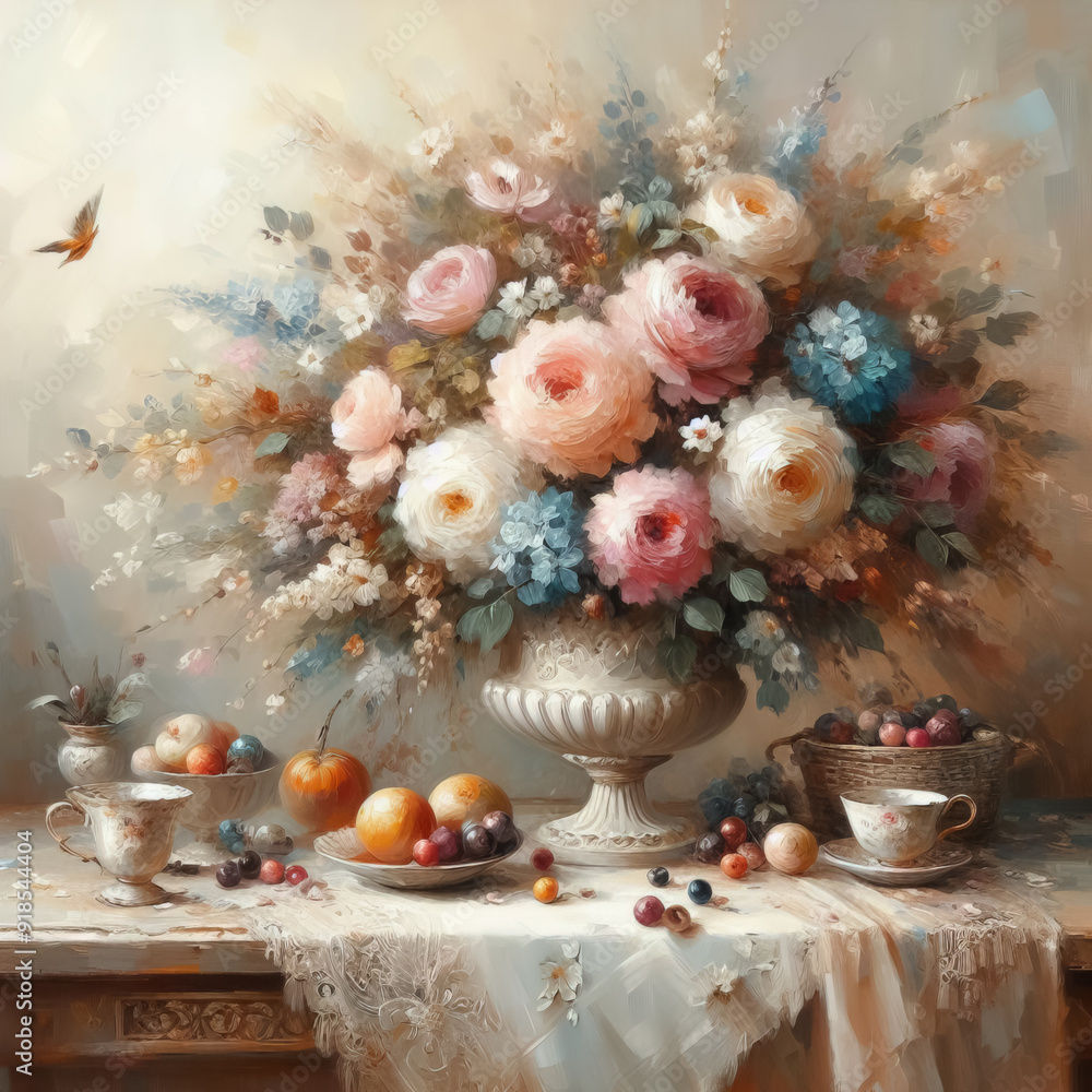 Magnificent oil paint still life with bouquet of different flowers Magnificent oil paint still life with bouquet of different flowers