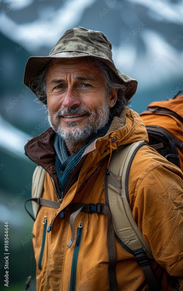Obraz premium A man wearing a yellow jacket and a hat is smiling. He is wearing a backpack and a scarf