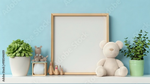   Teddy bear perched on shelf with potted plant & picture frame